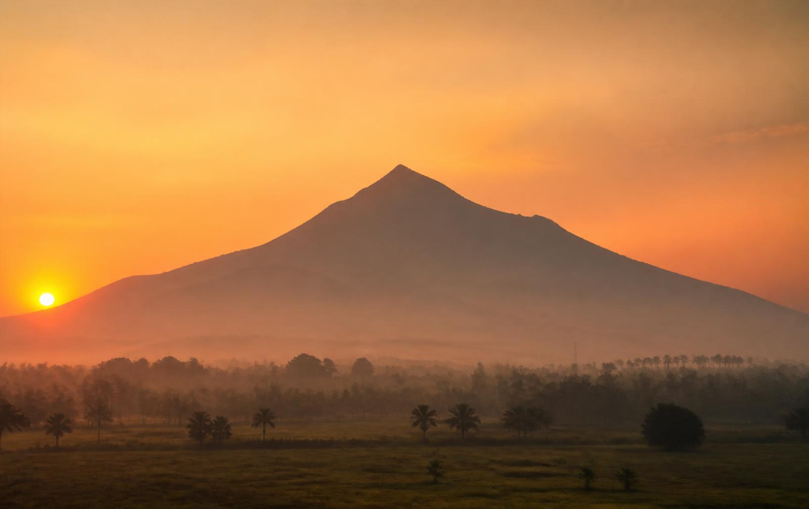 Arunachala hill at sunrise over misty fields